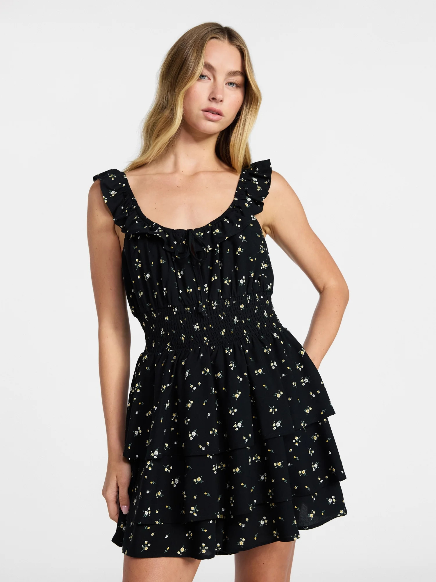 No Boundaries Ruffle Smocked Waist Romper, Women’s XXS-XXL | Walmart (US)