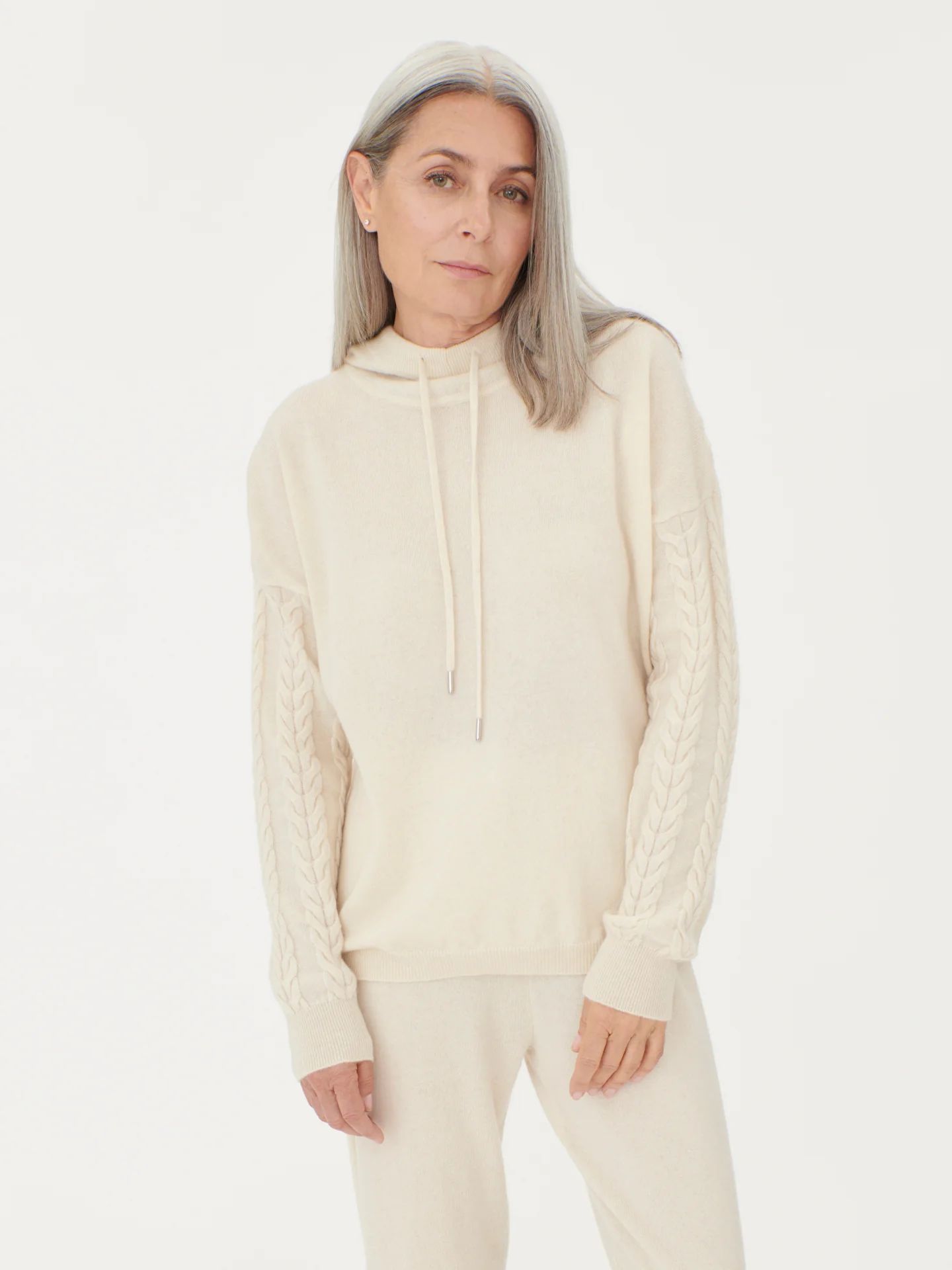 Organic Color Hoodie With Cable Knitted Sleeves | Gobi Cashmere