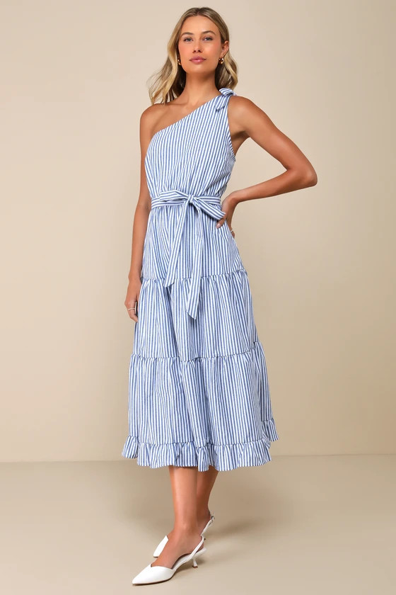 Gleeful Getaway Blue and White Striped One-Shoulder Midi Dress | Lulus