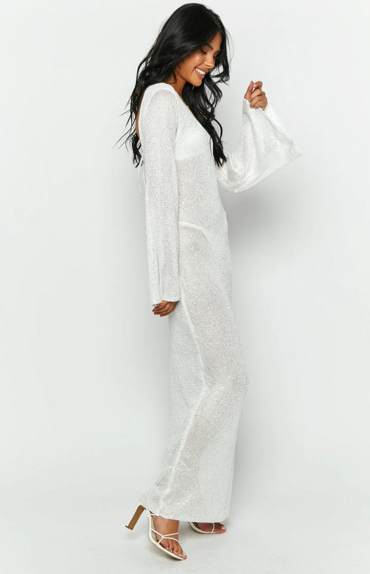 Kendrick White Sequin Knit Long Sleeve Maxi Dress | Beginning Boutique (US)