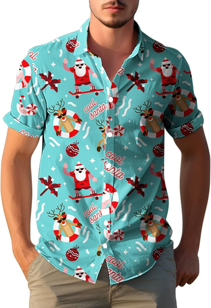 Yoimira Christmas Hawaiian Shirt for Men,Funny Men's Hawaiian Shirts Santa Claus Tropical Button-... | Amazon (US)