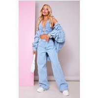 Light Blue Wash Seam Detail Slim Wide Leg Jeans | PrettyLittleThing UK