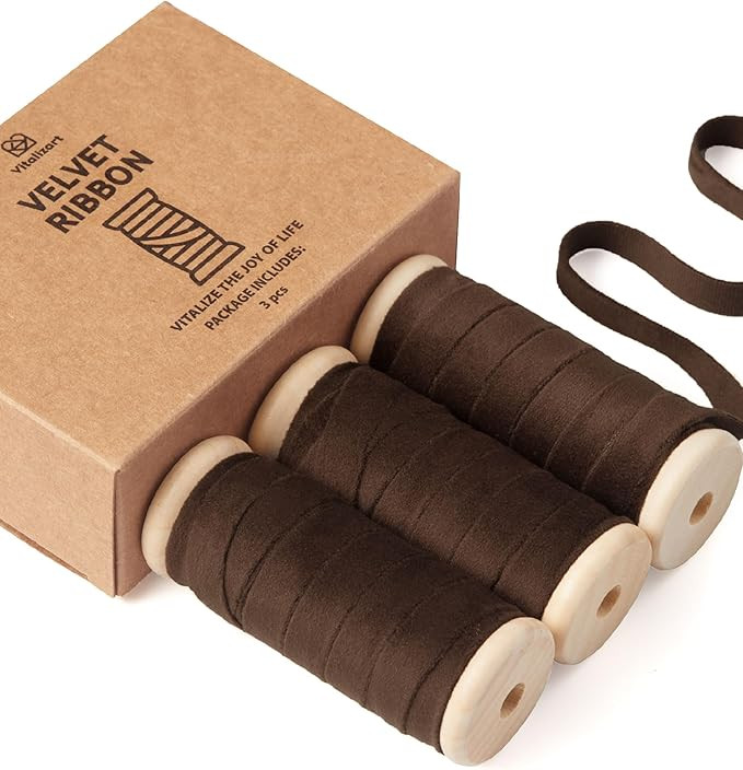 Vitalizart Brown Velvet Ribbon Set 3/8" x 15 Yd Wooden Spool Fabric Trim 3 Rolls * 5 Yd for Chris... | Amazon (US)