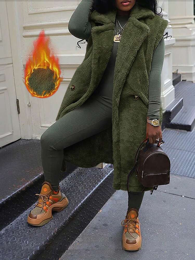 Women's Casual Turndown Collar Double Button Pocket Solid Color Fluffy Cardigan Jacket | SHEIN