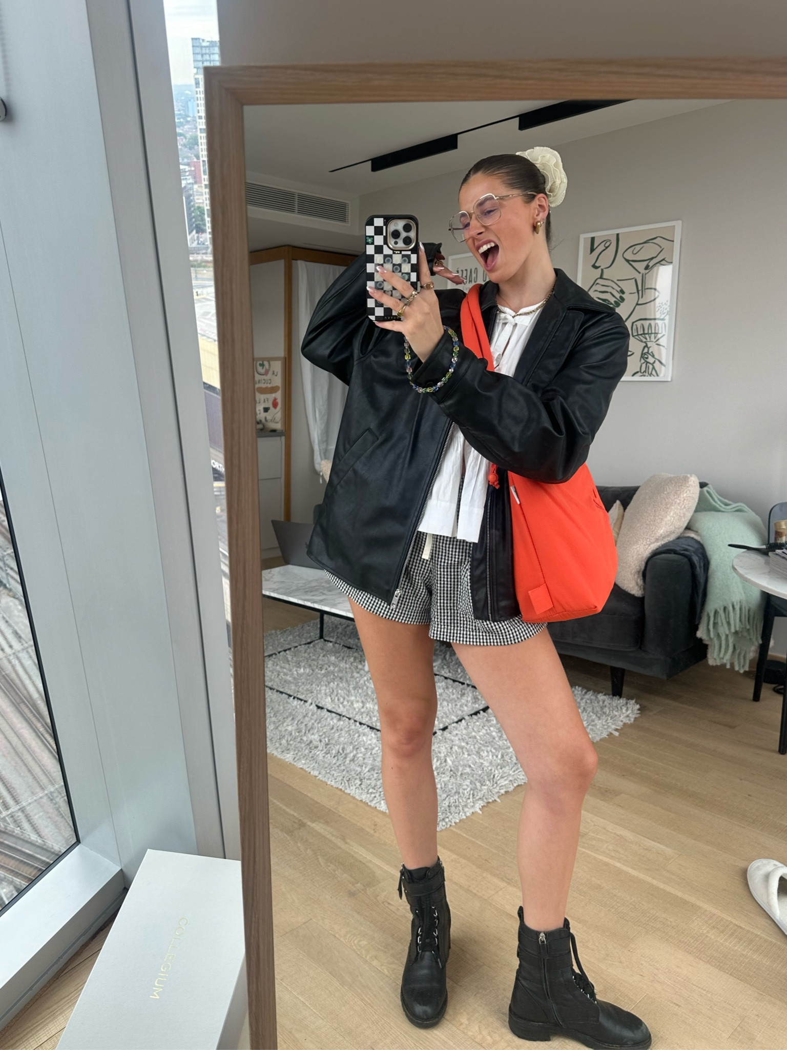 ootd😛🔥😎

leather jacket hm oversized biker boxy jacket, gingham seesucker Uniqlo boxer short, white tie up blouse shirt ganni, hm abercrombie topshop leather boots biker boots ankle boots chunky, flowery big oversized cream scrunchie gold framed glasses capsule wardrobe British summer 

#LTKuk #LTKstyletip #LTKsummer