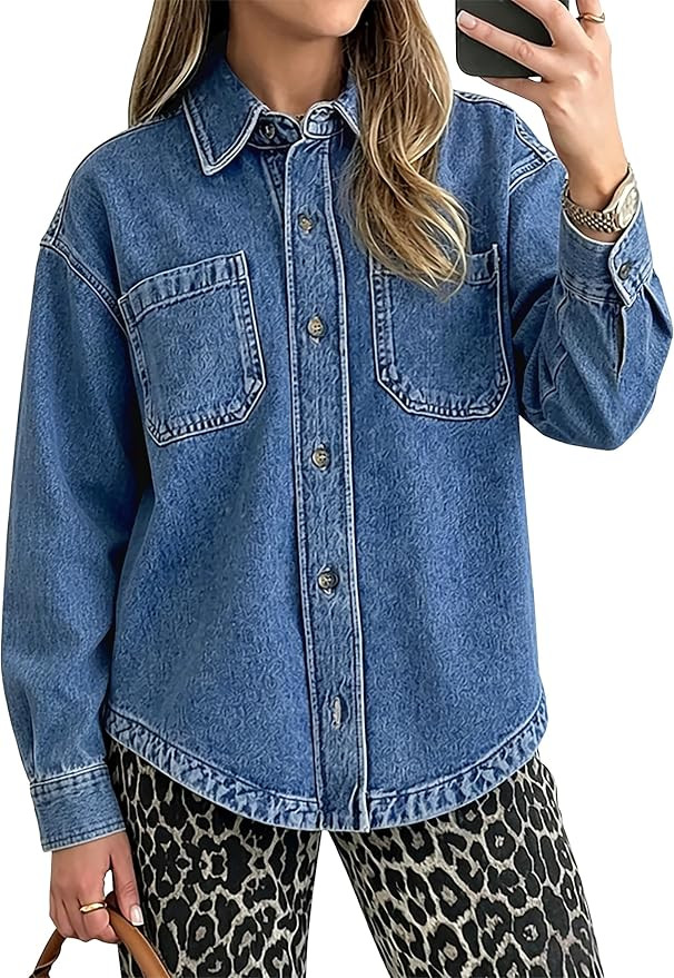 POTILI Denim Shirt for Women Long Sleeve Jean Top Jacket Trendy | Amazon (US)