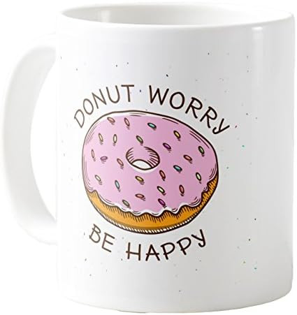 AquaSakura - Hand Drawn Donut Worry Be Happy - 11oz Ceramic Coffee Mug Tea Cup | Amazon (US)