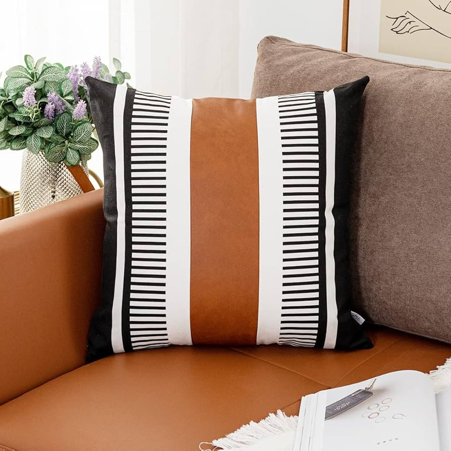 Farmhouse Stripe Throw Pillow Covers 26x26 Large Accent Pillow Covers Black and White Faux Leathe... | Amazon (US)