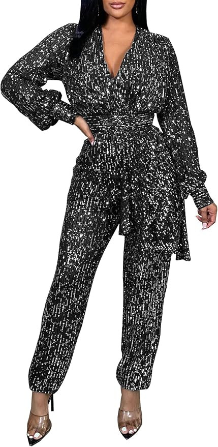 HugeNice Women's Dressy Jumpsuits Elegant Wrap V Neck Wide Leg Long Pants Casual Rompers Party Cl... | Amazon (US)