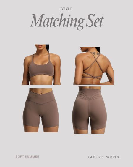 Ash brown matching workout set for summer on Amazon - one of my favorite colors right now is this fudge coffee which goes well with the soft summer color season. The sports bra is supportive with a cross-back and scoop neck. The biker shorts have a flattering cross-waist at 6” inseam. 

#LTKFitness #LTKActive #LTKStyleTip