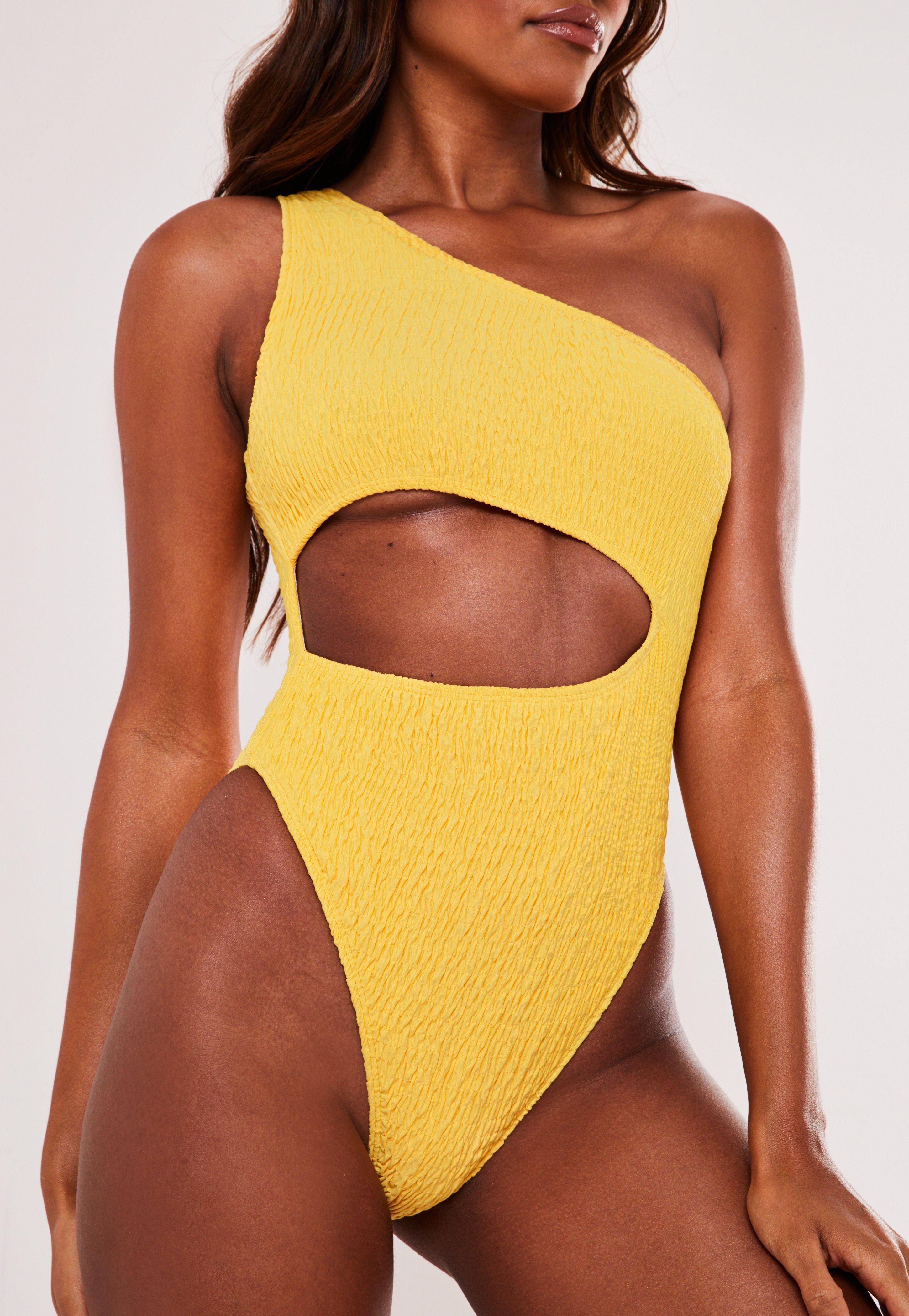 Yellow Crinkle One Shoulder High Leg Cut Out Swimsuit | Missguided (US & CA)