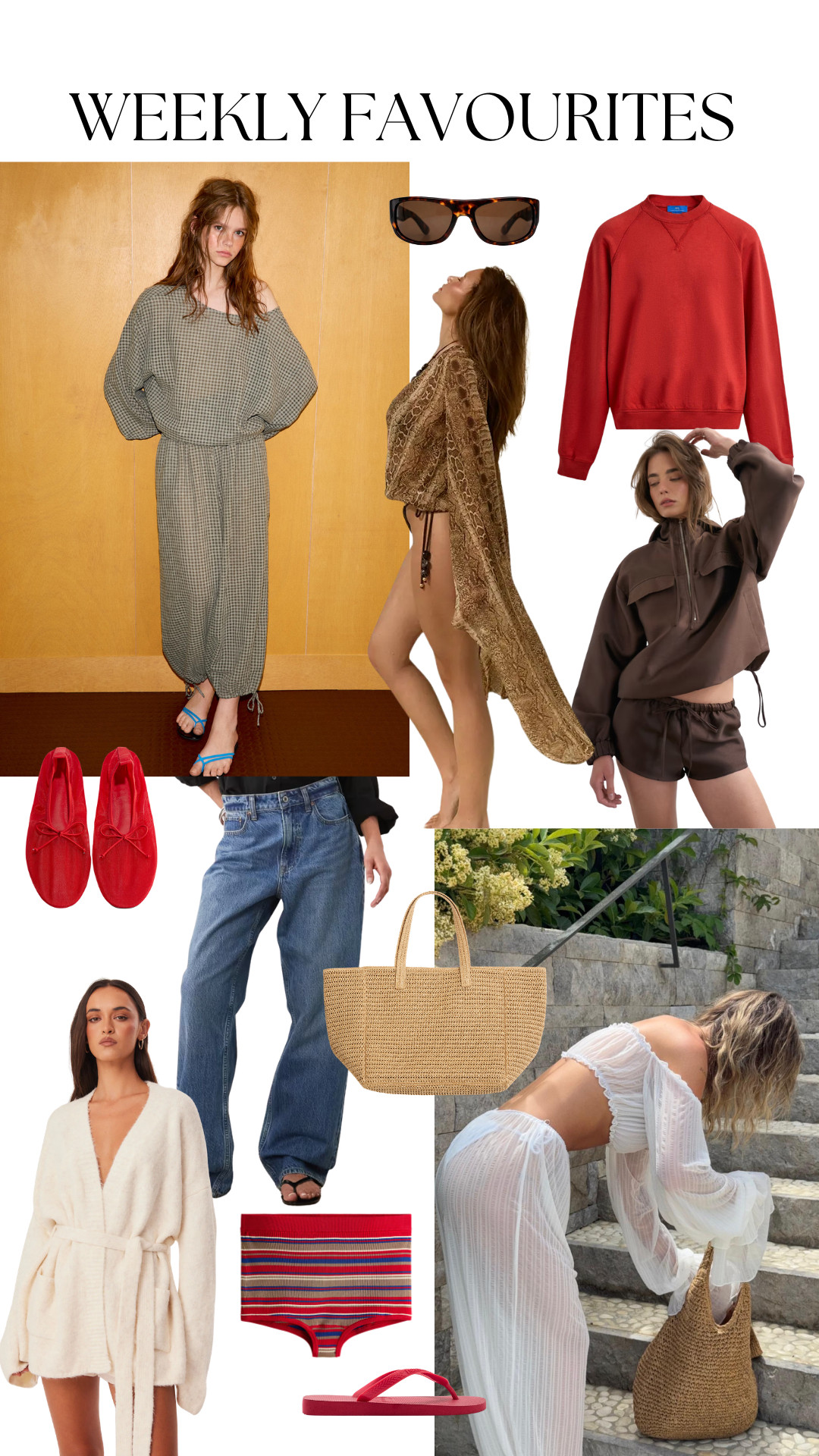 The Weekly Favourites Edit

khaki check jumpsuit, oversized silhouette, tortoiseshell sunglasses, red sweatshirt, snake print cover-up, chocolate brown co-ord, red ballet flats, wide-leg blue jeans, cream knit robe cardigan, striped briefs, red flip flops, raffia tote bag, woven beach bag, sheer white beach set, boho resort wear, summer layering, neutral tones, earthy palette, pop of red, casual chic, relaxed styling, holiday wardrobe, beachwear, transitional dressing, statement basics, textured accessories 

 #LTKuk #LTKspring #LTKeurope
