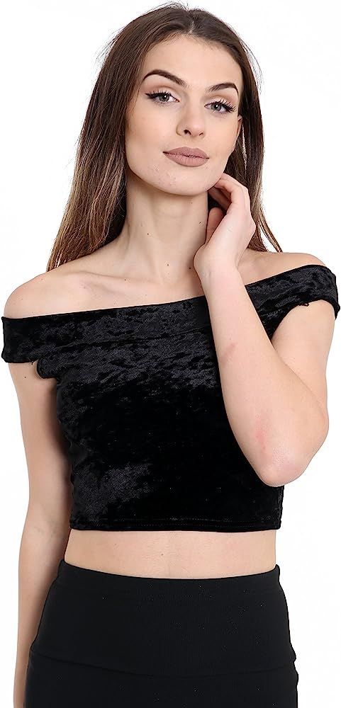 GirlzWalk Women Velvet Off Shoulder Crop Vest Top | Amazon (US)