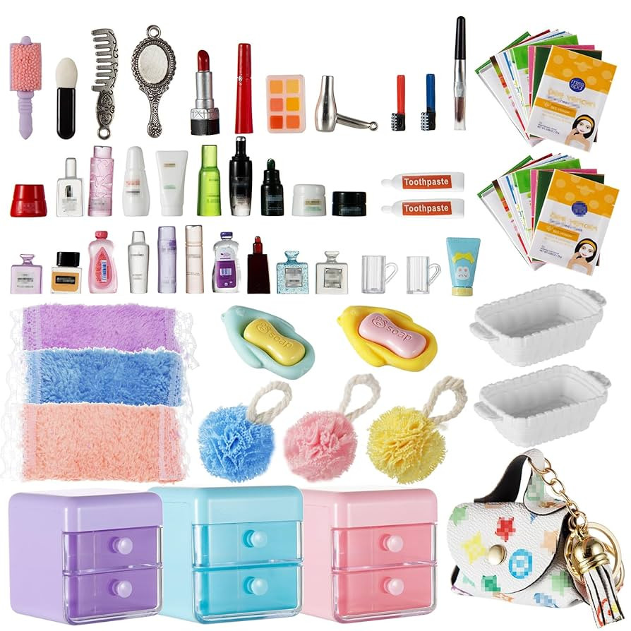 72Pcs Dollhouse Mini Jewelry Storage Case Handbag Towel Cosmetic Set Bathroom Acessories Toothbru... | Amazon (US)