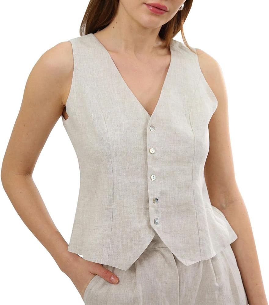 Amazhiyu 100% Linen Sleeveless Vest for Women Button Down V Neck Summer Waistcoat | Amazon (CA)