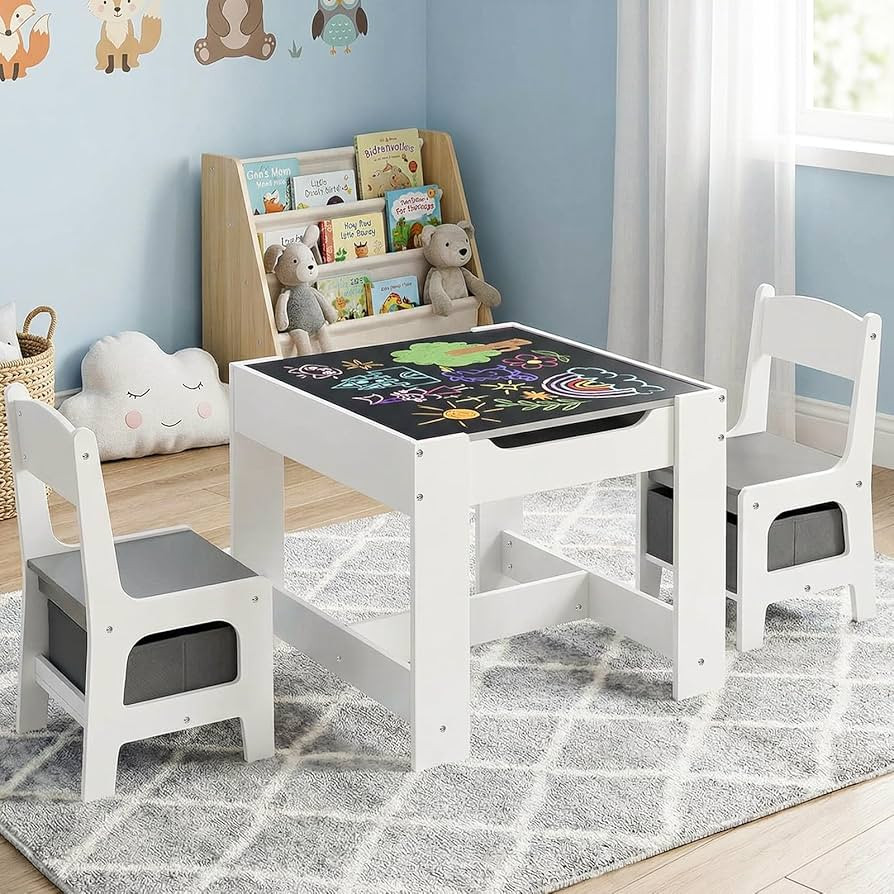 Arlopu Kids Table and Chair Set, 4 in 1 Wooden Children Activity Table w/Storage, Reversible Desk... | Amazon (US)