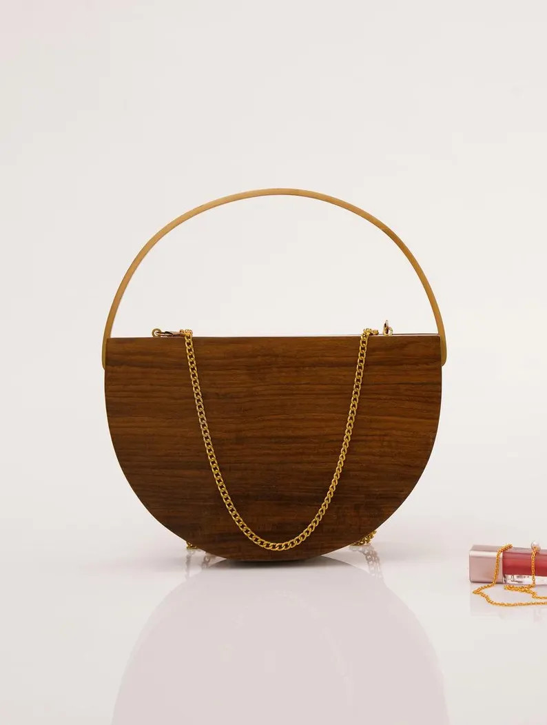 Semi-circular Wooden Clutch Handbag - Brown Evening Purse With Brass Handle and Chain Strap - Ets... | Etsy (US)