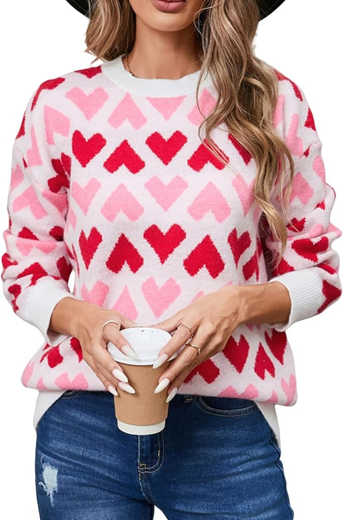 Women's Cute Heart Sweater Crewneck Long Sleeve Oversized Love Sweaters Pullover Tops Valentine's... | Amazon (US)