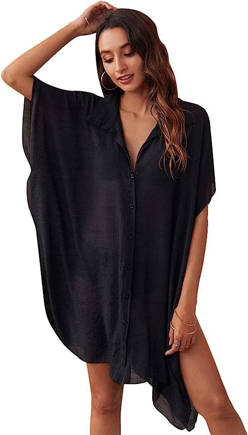 Verdusa Women's Button Down Short Sleeve Sheer Cardigan Kimono Swimsuit Cover Up | Amazon (US)