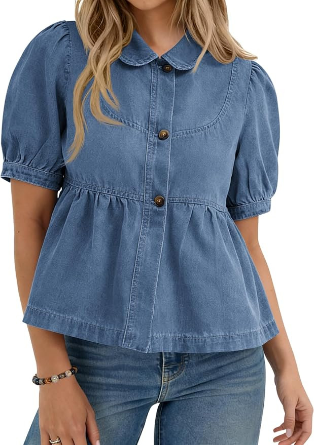 Yousify Womens Button Down Denim Shirts Short Puff Sleeve Babydoll Peplum Casual Jean Tops Summer... | Amazon (US)