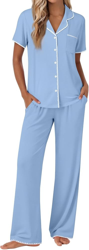 Ekouaer Pajamas for Women Set Button Up Soft Pjs Short Sleeve 2 Piece Lounge Sets Comfy Sleepwear | Amazon (US)