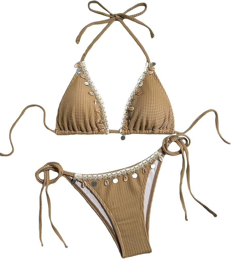 Women's Shell Decoration Boho Bathing Suit Halter High Waist Summer Swimsuit Bikinis Set | Amazon (US)