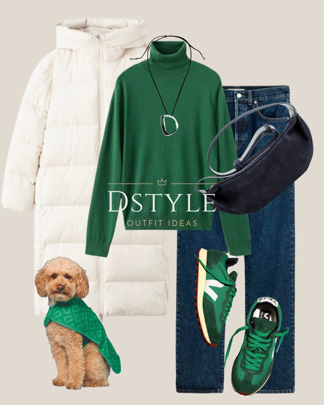 Emerald Green and Furry Friends: The Perfect Winter Walk Look. 🐶 Love this vibrant combo! Featuring a chic white long puffer jacket and a bold emerald green turtleneck sweater. Paired with classic dark wash wide-leg denim and matching green Veja sneakers for a comfortable, stylish look. Don't forget the best accessory: a matching scarf for your pup! 

 #EmeraldGreen #VejaSneakers #WhitePuffer #DogMomStyle #WinterWalk #LTKootd #LTKSeasonal #LTKTravel