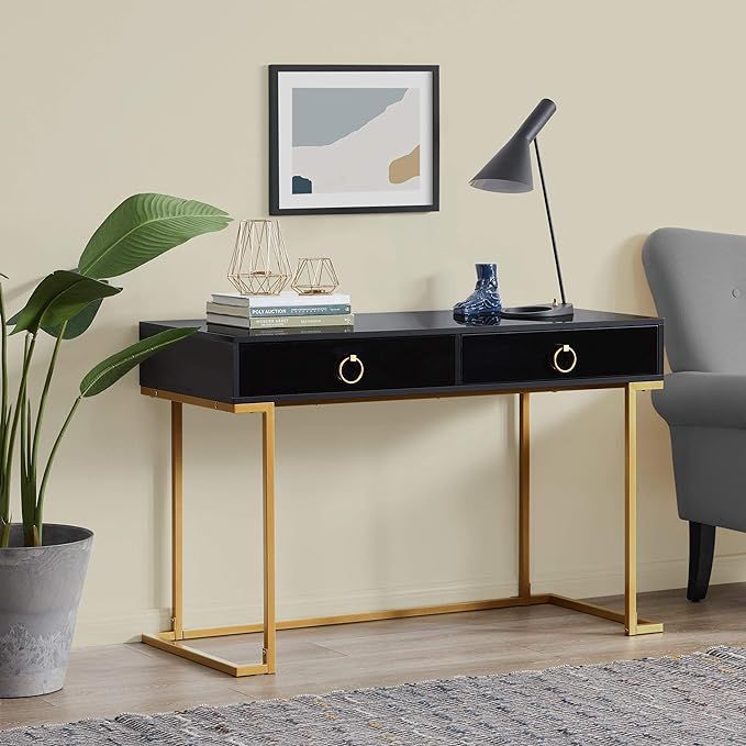BELLEZE Home Office Two-Drawers Computer Desk Vanity Table, Wood and Metal, Black and Gold | Amazon (US)