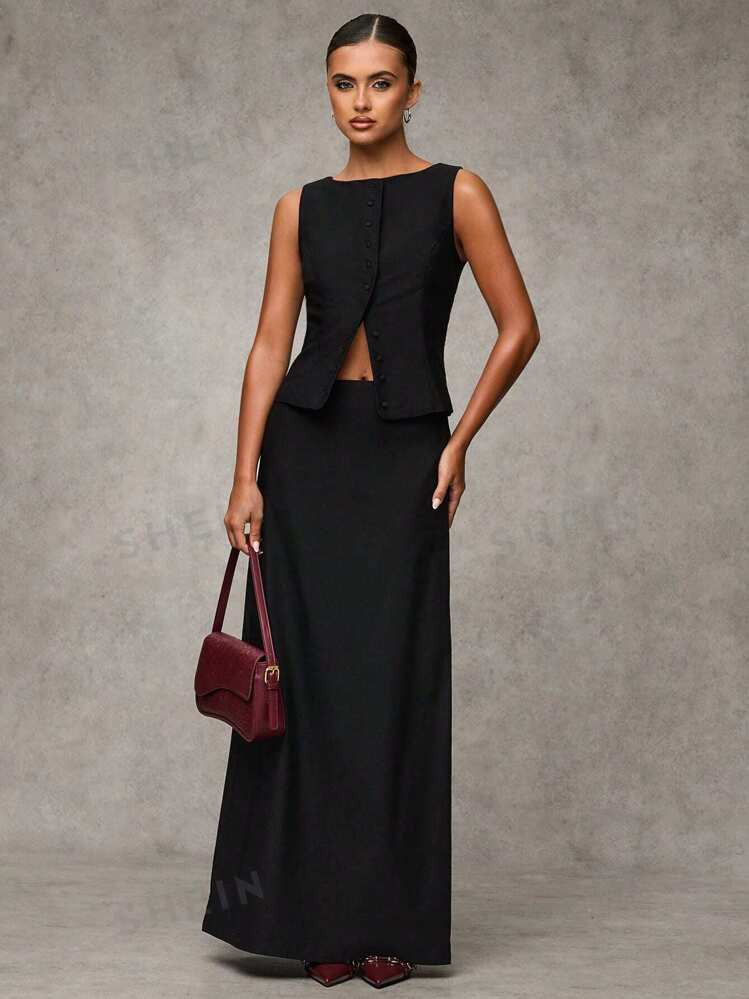 SHEIN BAE Women's Summer Solid Color Single Breasted Vest And Long Skirt Elegant Suit Set Women C... | SHEIN