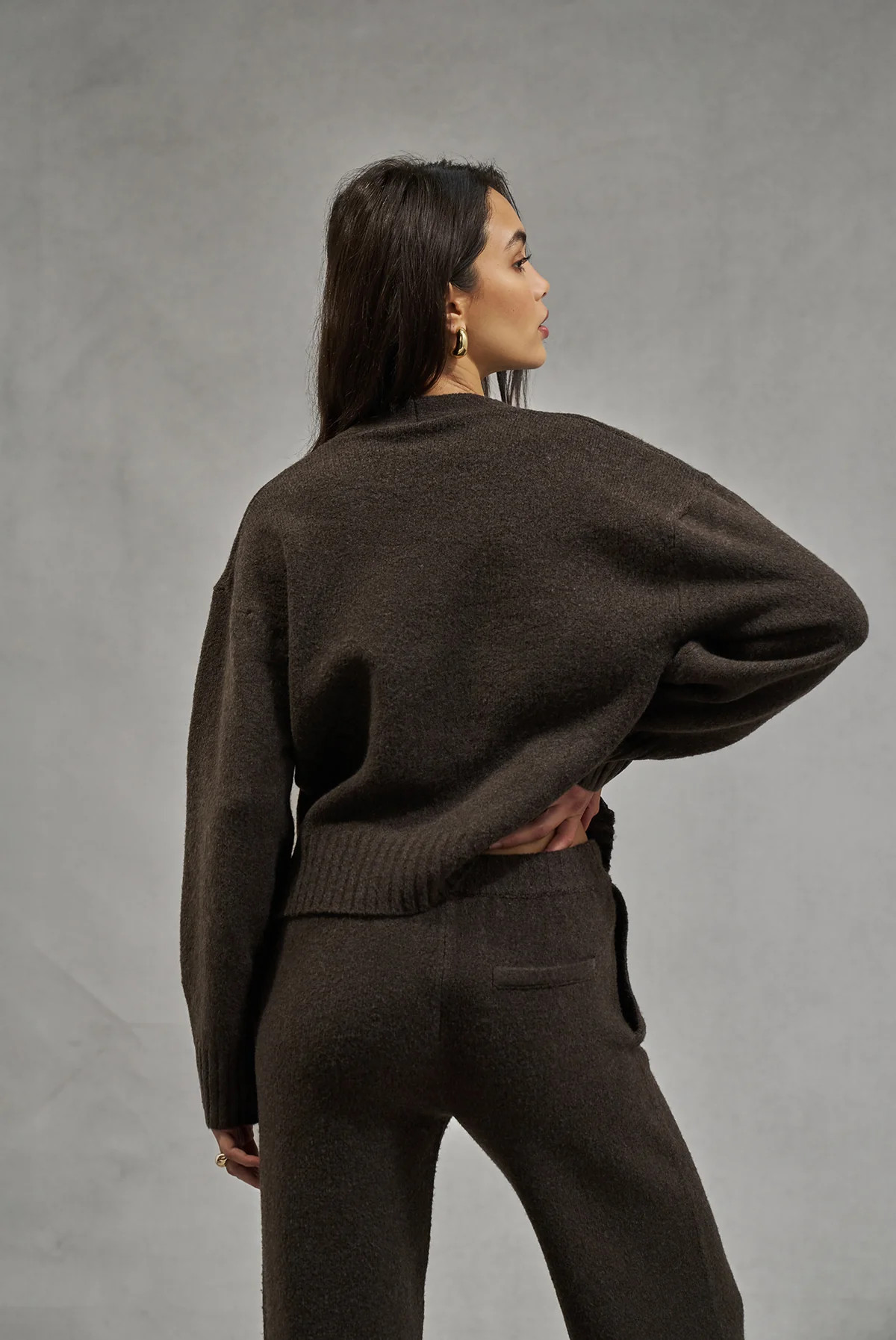 FLUFFY KNIT EMBLEM EMBROIDERED CARDIGAN - BROWN | The Couture Club