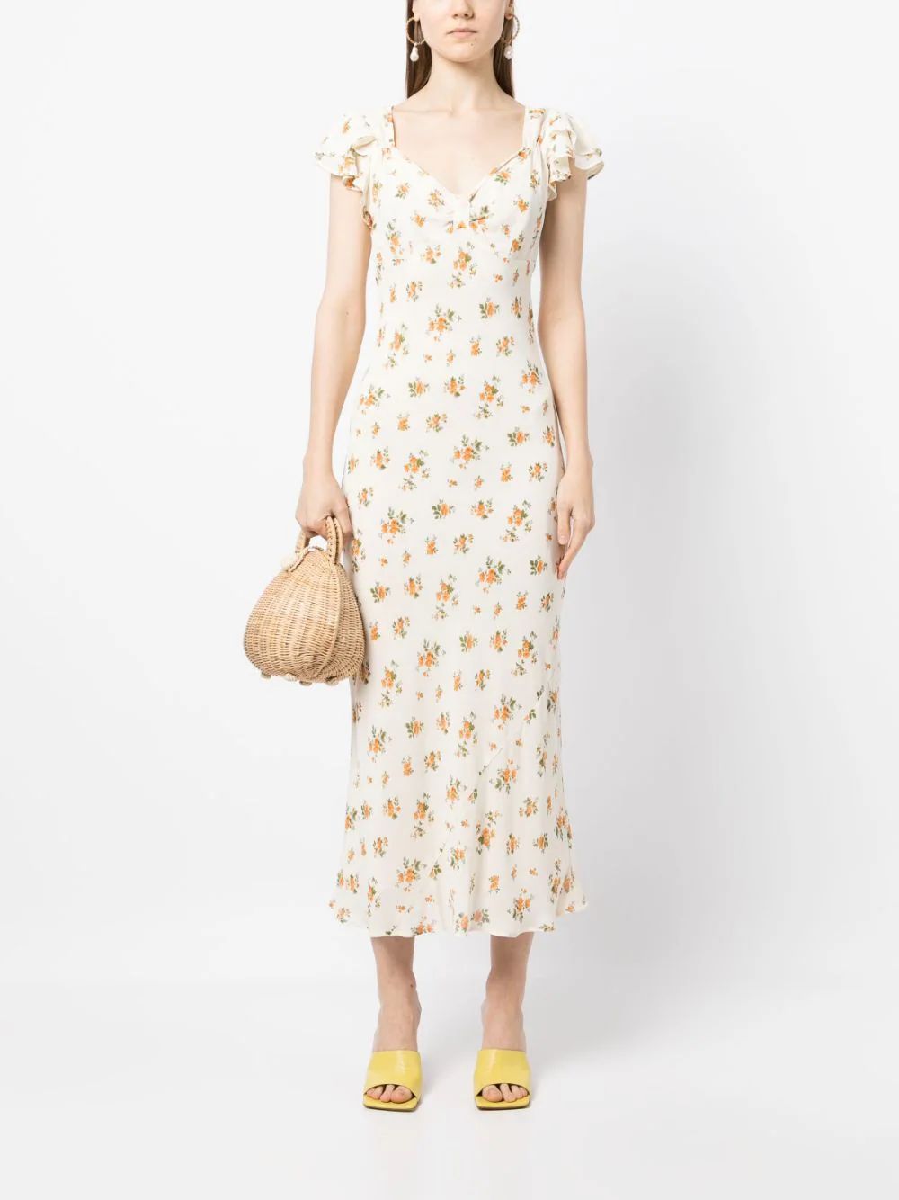 The DetailsConsciousReformationLisola short-sleeve midi dresslight beige all-over floral print V-... | Farfetch Global