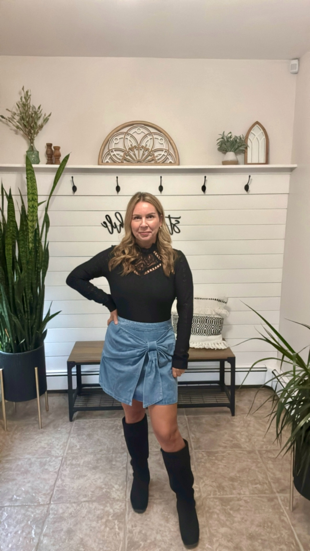 Holiday outfit, how cute is this denim bow skirt! I’m wearing a large in the skirt and bodysuit. Pair it with fleece lined leggings 🙌🏼 Amazon fashion, gift guide 

#LTKHoliday #LTKOver40 #LTKFindsUnder50