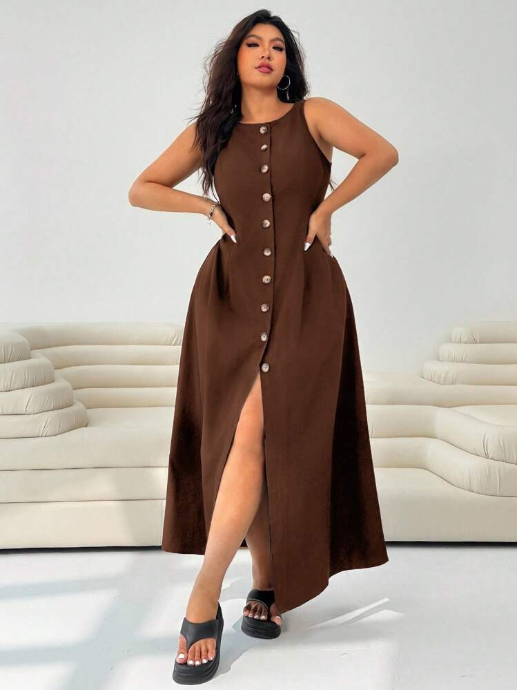 Solflare Plus Size Women's Solid Color Single-Breasted Round Neck Sleeveless Casual Dress Brown B... | SHEIN