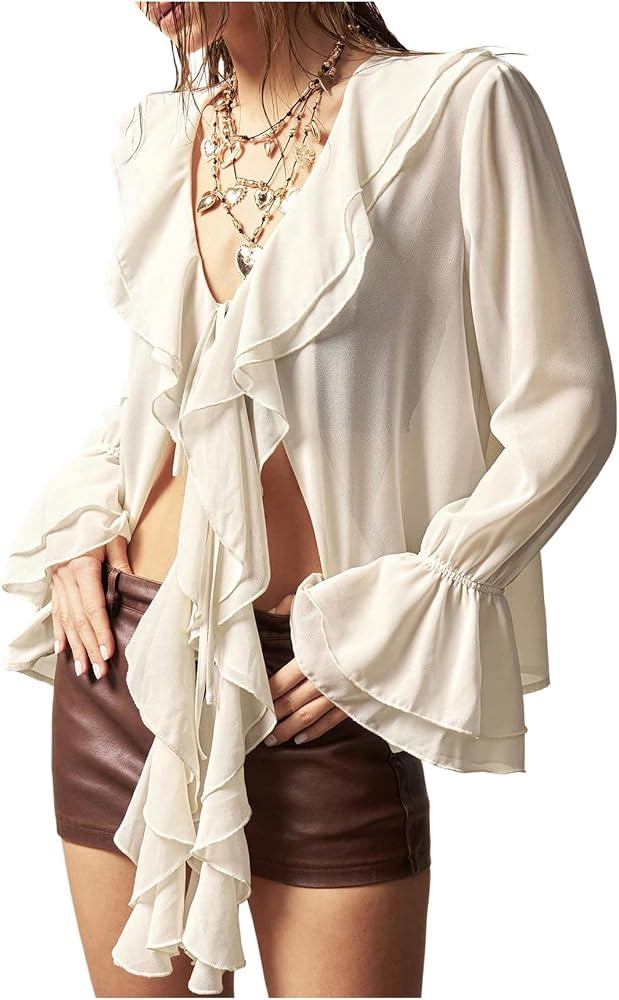 SHENHE Women's Sheer Open Front Tie Up Ruffle Trim Flounce Long Sleeve Fairy Blouse Top | Amazon (US)
