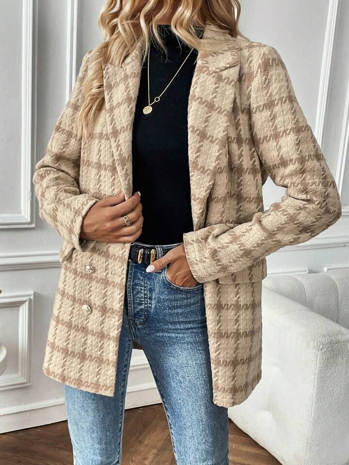 Plaid Double Breasted Lapel Neck Double Breasted Blazer | SHEIN
