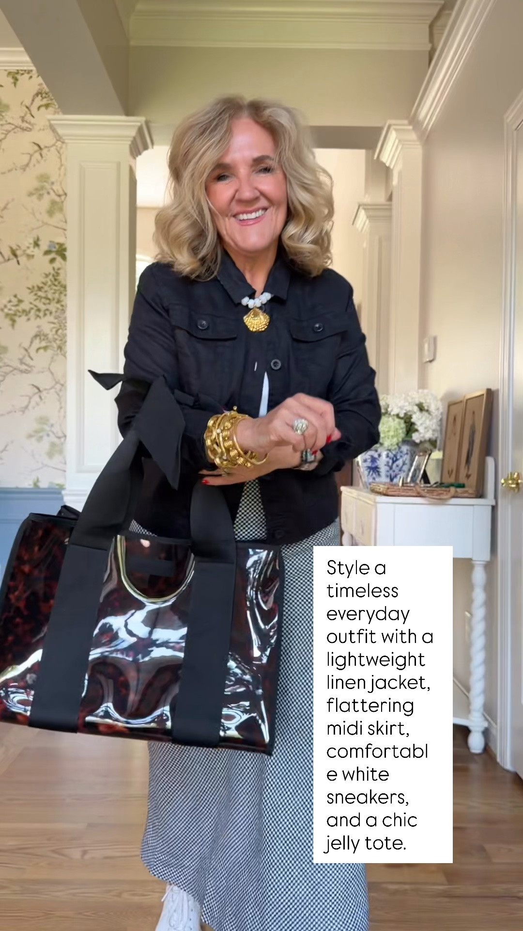 This casual-chic outfit is made for busy days! The lightweight linen jacket, classic midi skirt, and comfortable white sneakers create an effortless look that's perfect for travel, errands, or everyday wear. Add the jelly tote for a fun, modern touch, and you'll have a polished outfit that's as comfortable as it is stylish.

💡 LTK MADE EASY
❤️ Heart = Support my posts!
🔖 Save = Get sale & restock alerts
📋 Lists = Keep favorites organized
📲 Share = Send lists and products to a friend. Hello, Christmas List!
💬 Comment = Ask me anything about what I'm wearing. :-)

#LTKootd #LTKSeasonal #LTKOver40