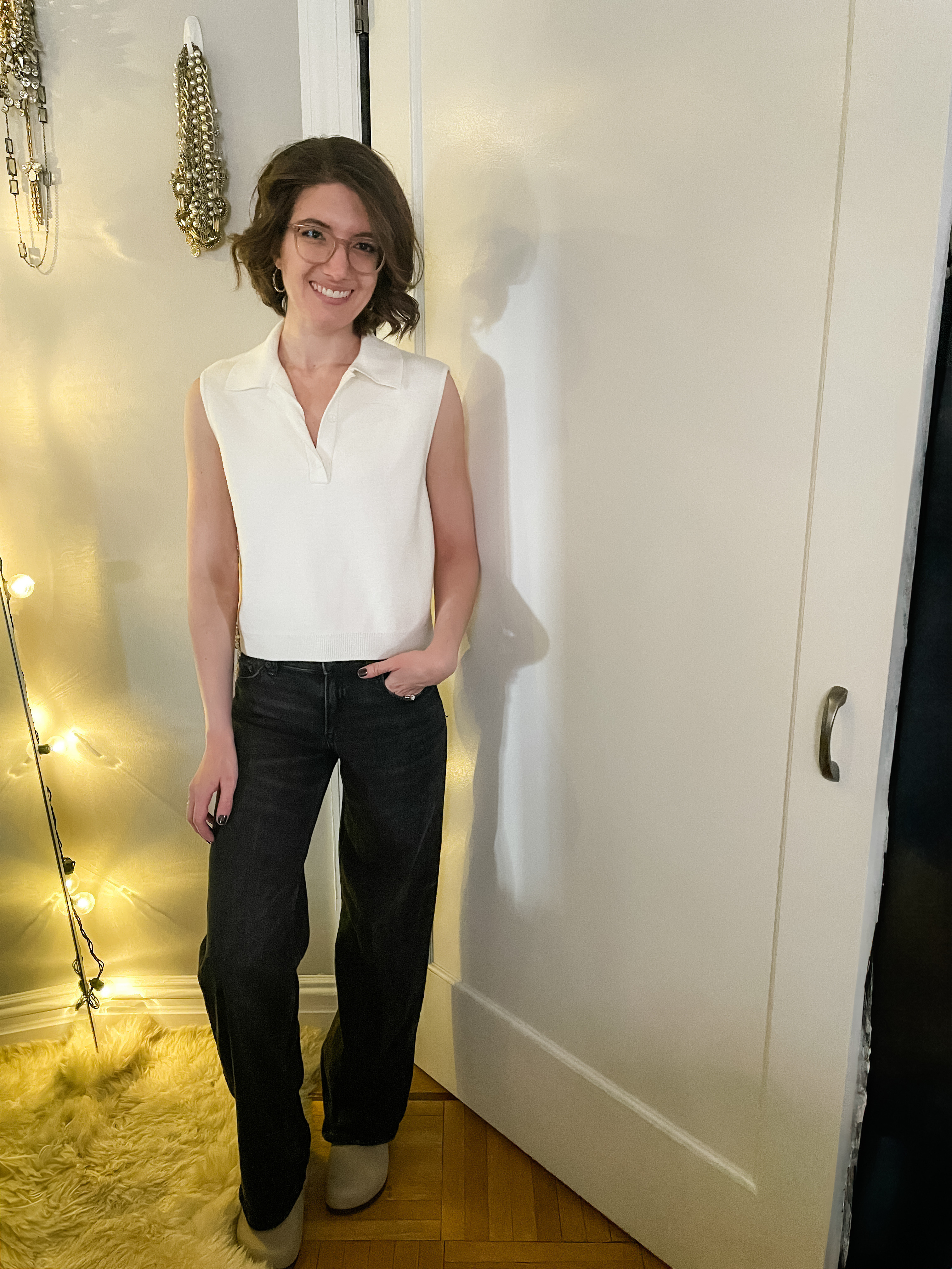 Sleeveless sweater polo: TTS; thick and soft!
Low rise wide leg jeans: I sized down. Wearing the regular length
Clogs: TTS

Thanksgiving outfit 

#LTKCyberWeek #LTKSeasonal #LTKHoliday