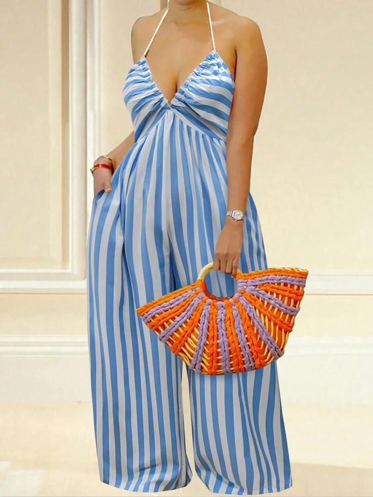 Women's Light Blue Striped Casual Wide Leg Halter Neck Backless Tie Bow Jumpsuit,Tropical Vacation Woman Clothes,Brunch Outfits For Women,Beachwear,Summer Outfit,Boho Elegant | SHEIN