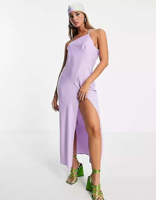 ASOS DESIGN one shoulder midaxi dress in satin with drape back in lilac | ASOS | ASOS (Global)