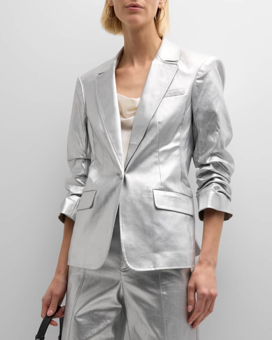 Cinq a Sept Khloe Foiled Scrunched-Sleeve Blazer | Neiman Marcus