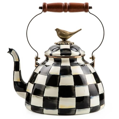MACKENZIE-CHILDS Enamel Tea Kettle, Cute Kitchen Kettle for Stovetop, 3-Quart Capacity, Black-and-White Courtly Check with Bird Topper | Amazon (US)