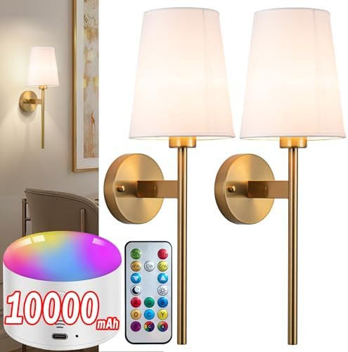 Battery Operated Wall Sconce with Remote,White Fabric Shade Wall Sconce Set Of 2 Battery Powered ... | Amazon (US)