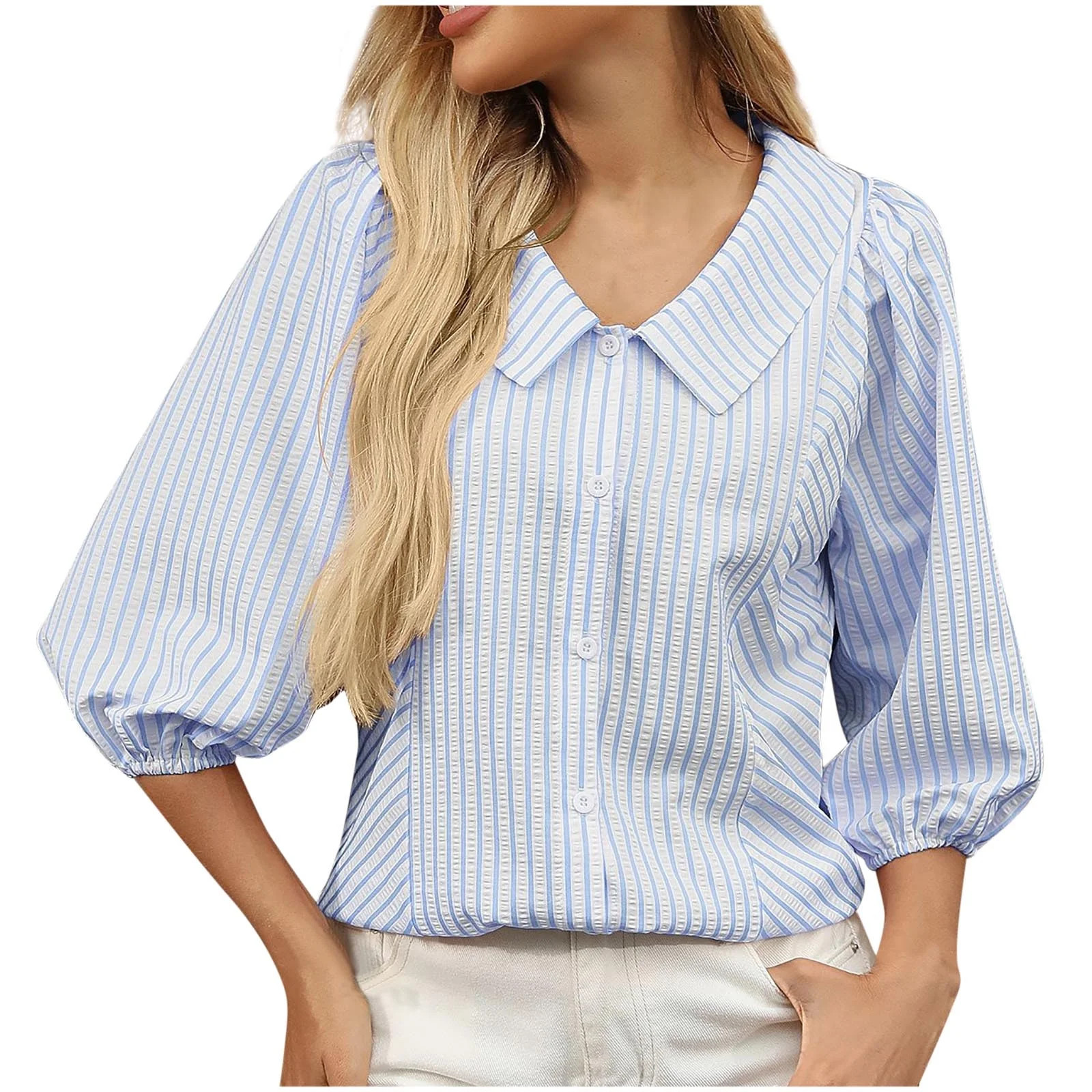 UAMVSH Flowy Shirts for Women Trendy Stripe Printed Button down Tops Lapel V-Neck Dressy Blouses ... | Walmart (US)