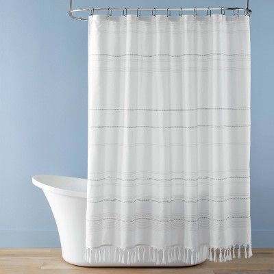 Woven Stripe Tassel Shower Curtain White/Dark Gray - Hearth & Hand™ with Magnolia | Target