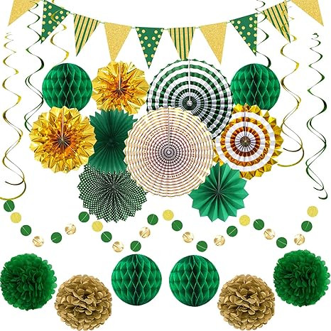 Green Gold Party Decorations, Graduation Season Hanging Glitter Triangle Flags Banner Paper Fan T... | Amazon (US)