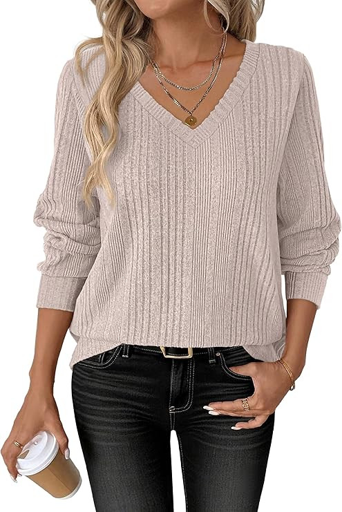 ANRABESS Womens V Neck Sweaters 2025 Fall Long Sleeve Shirts Lightweight Ribbed Knit Basic Casual... | Amazon (US)