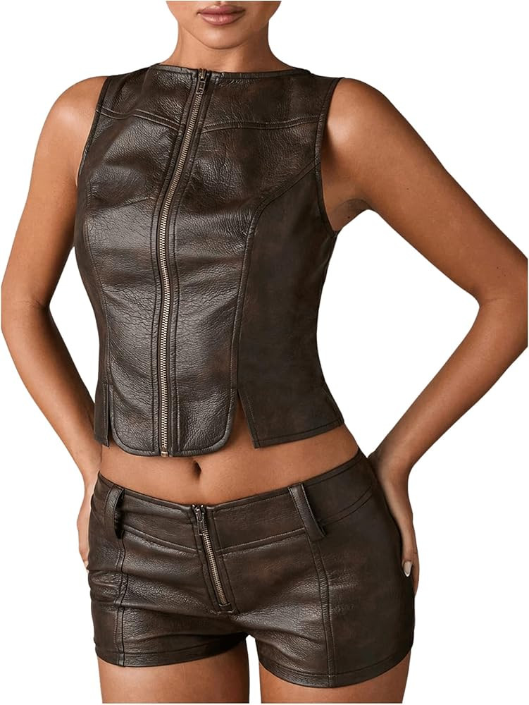 Floerns Women's Sleeveless Zip Up Vest Jacket Split Hem Western Crop Coat Outerwear | Amazon (US)