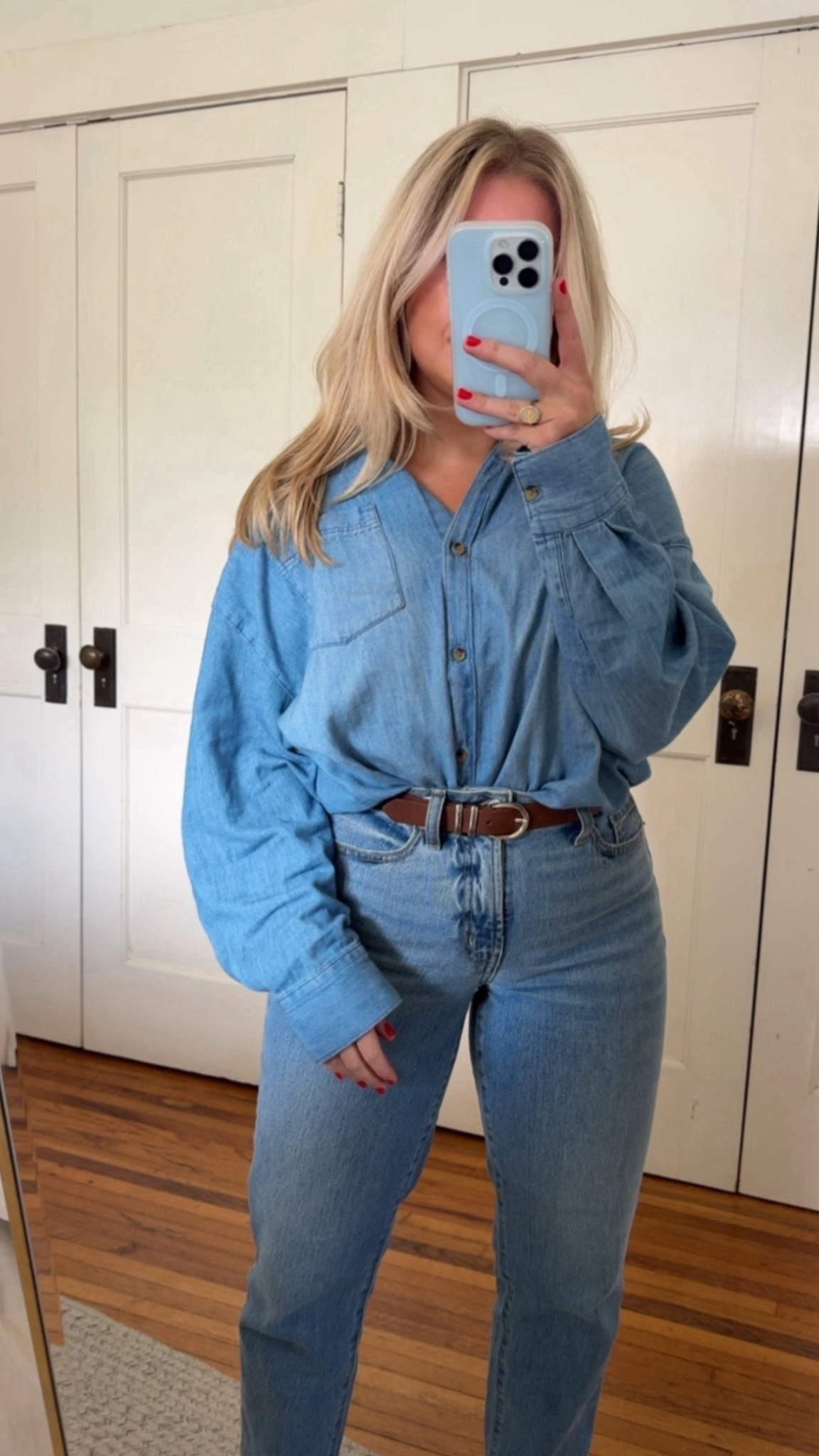 Fall Denim on Denim Look for Under $100

Boyfriend Denim Shirt: fits oversized but still sized up to a medium to make it super oversized 

Straight leg denim jeans: Fit TTS wearing a 2R

Belt size xs/small

#LTKMidsize #LTKmomlife #LTKPetite
