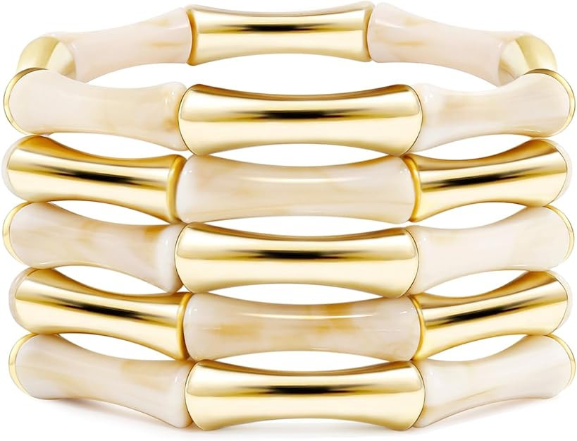 Gold Tube Bangle Bracelets for Women Stackable Bamboo Chunky Acrylic Beads Stretch Friendship Sum... | Amazon (US)