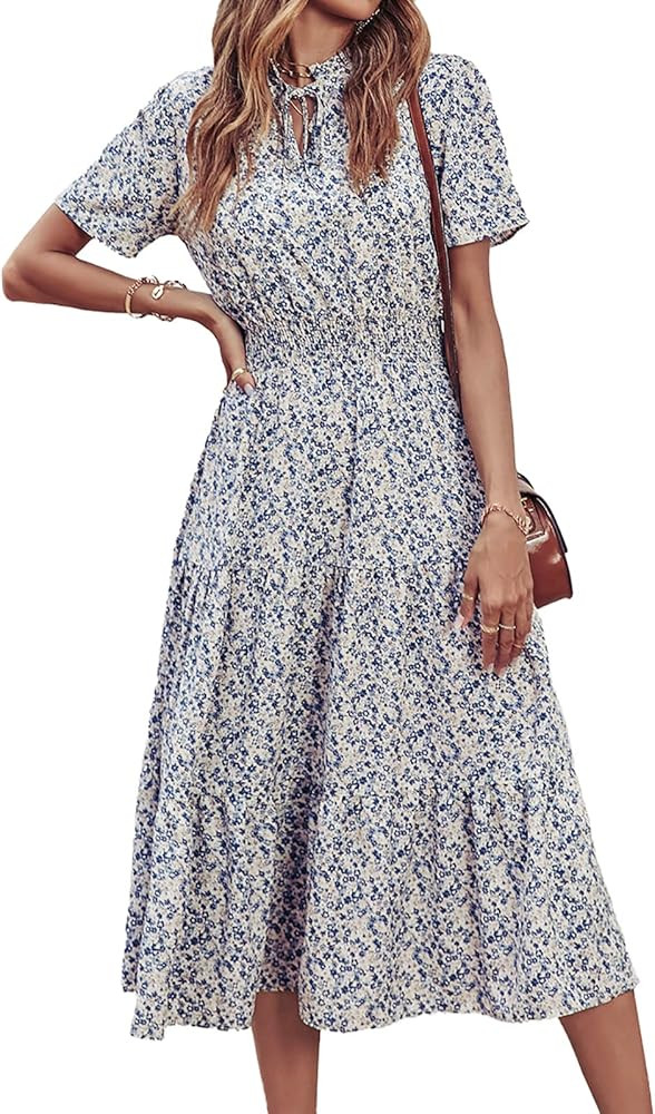 BTFBM Women Boho Floral Print Casual Dress Summer Sexy Tie V Neck Short Sleeve Vintage Elastic A-... | Amazon (US)